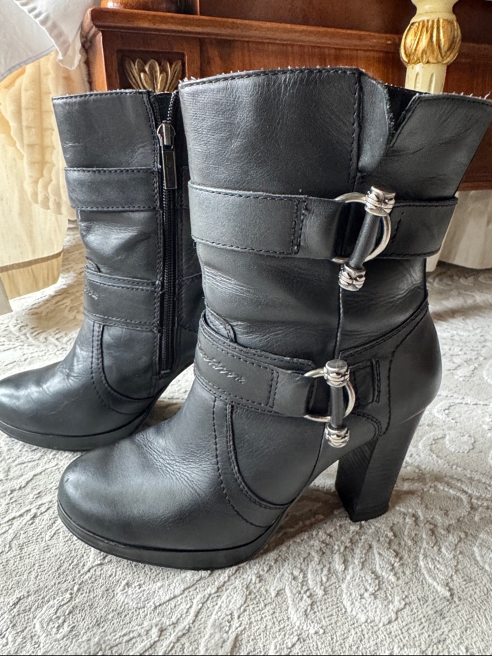 Harley-Davidson Black Leather Mid-Calf Buckle Heel Boots